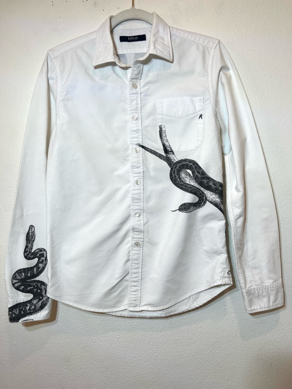 Replay White Long-Sleeve Button-Down Shirt with Black Snake Motif Size S